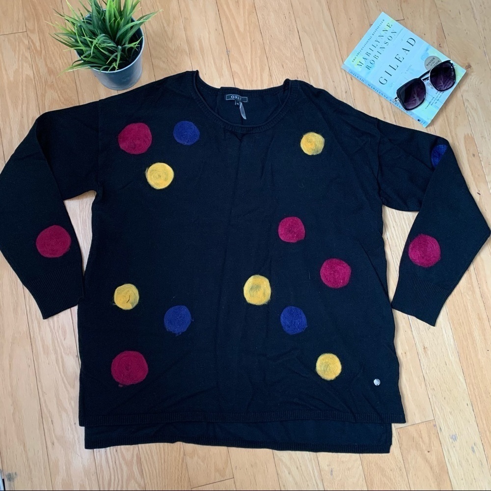 BLACK POLKA DOTS EMBROIDERED SWEATER WOMEN SIZE L